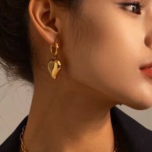 New! 18K Gold Plated Gold Chunky Heart Drop Huggie Earrings (NWOT)